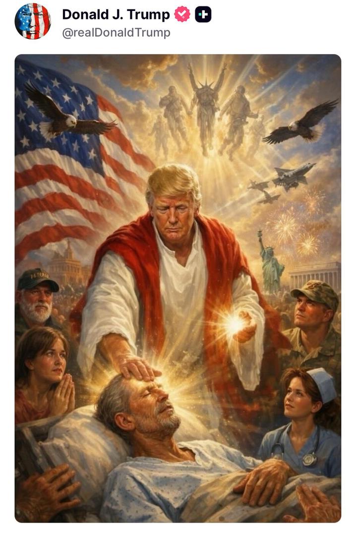 A screenshot of a meme depicting Trump as Jesus. Trump made the post and deleted it later.