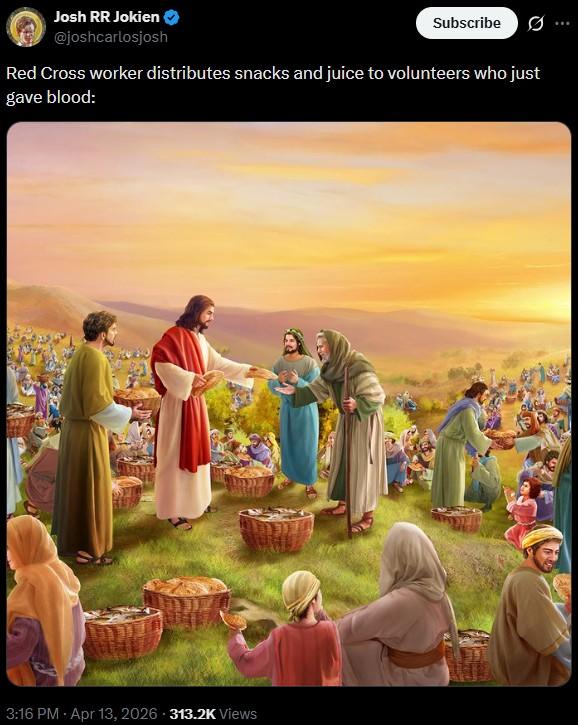 Josh RR Jokien @joshcarlosjosh Subscribe Red Cross worker distributes snacks and juice to volunteers who just gave blood: 3:16 PM - Apr 13, 2026 313.2K Views