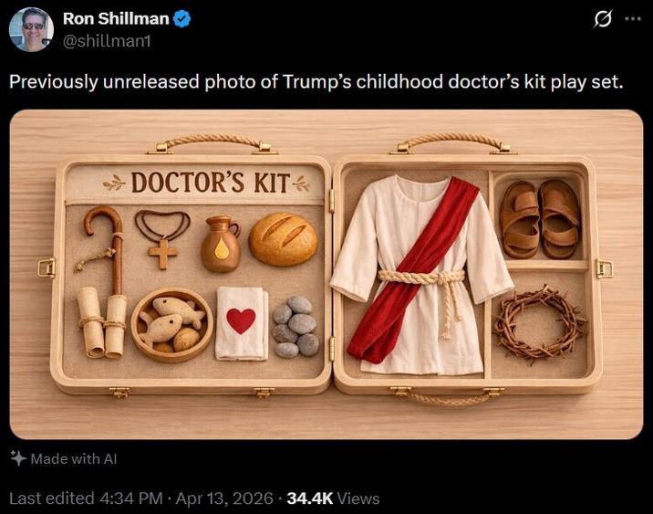 Ron Shillman @shillman1 Previously unreleased photo of Trump's childhood doctor's kit play set. DOCTOR'S KIT 3900 Made with Al • Last edited 4:34 PM Apr 13, 2026 34.4K Views