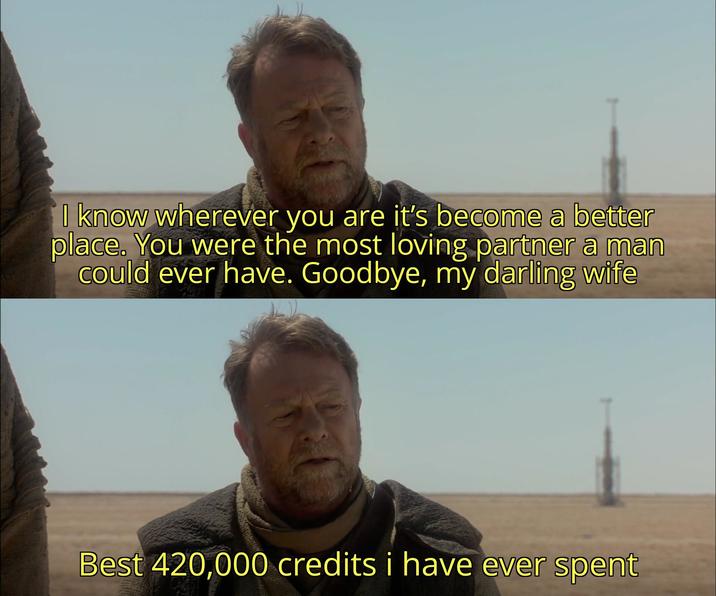 I know wherever you are it's become a better place. You were the most loving partner a man could ever have. Goodbye, my darling wife Best 420,000 credits i have ever spent
