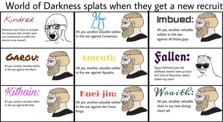 World of Darkness splats when they get a new recruit Kindred Noooooo now I have to compete for resources with another poor soul condemned to suffer this eternal curse noooo!!! GAROU: Ah yes, another valuable soldier in the war against the Wyrm Kithain: Ah yes, another valuable soldier in the war against Banality My Ah yes, another valuable soldier in the war against Consensus. Amenti: Ah yes, another valuable soldier in the war against Apophis. Kuei-jin: Ah yes, another valuable soldier in the war against the Yama Kings. Imbued: Ah yes, another valuable soldier in the war against all those guys Fallen: Eyyyy Haltorexis you old s-------, haven't seen ya since the Time of Atrocities, what's shakin my man? Wraith: Ah yes, another valuable chair in my new dining room set