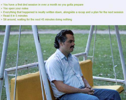> You have a first dnd session in over a month so you gotta prepare > You open your notes > Everything that happened is neatly written down, alongside a recap and a plan for the next session > Read it in 5 minutes > Sit around, waiting for the next 45 minutes doing nothing