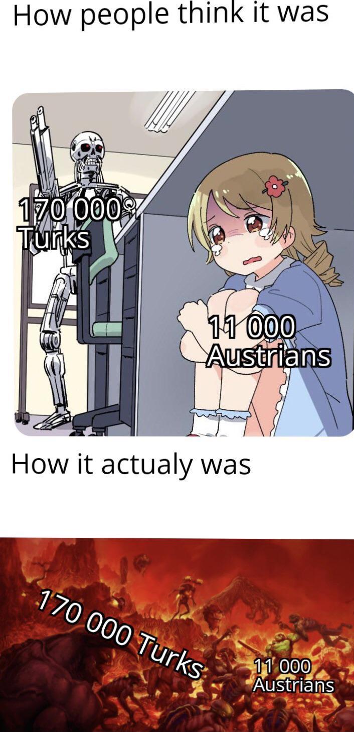 How people think it was 170,000% Turks 11/000 Austrians How it actualy was 170 000 Turks 11 000 Austrians