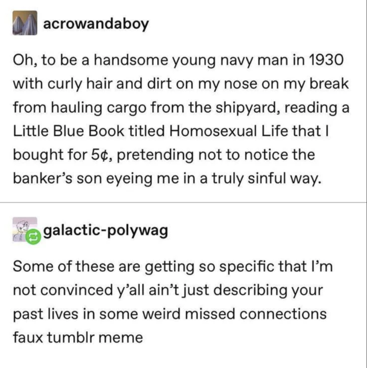 acrowandaboy Oh, to be a handsome young navy man in 1930 with curly hair and dirt on my nose on my break from hauling cargo from the shipyard, reading a Little Blue Book titled Homosexual Life that I bought for 5¢, pretending not to notice the banker's son eyeing me in a truly sinful way. galactic-polywag Some of these are getting so specific that I'm not convinced y'all ain't just describing your past lives in some weird missed connections faux tumblr meme