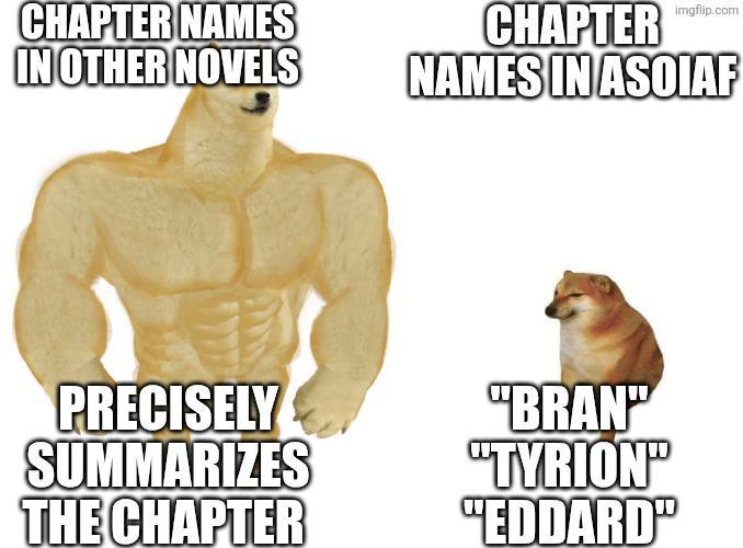 CHAPTER NAMES IN OTHER NOVELS imgflip.com CHAPTER NAMES IN ASOIAF PRECISELY SUMMARIZES "BRAN" "TYRION" THE CHAPTER "EDDARD"