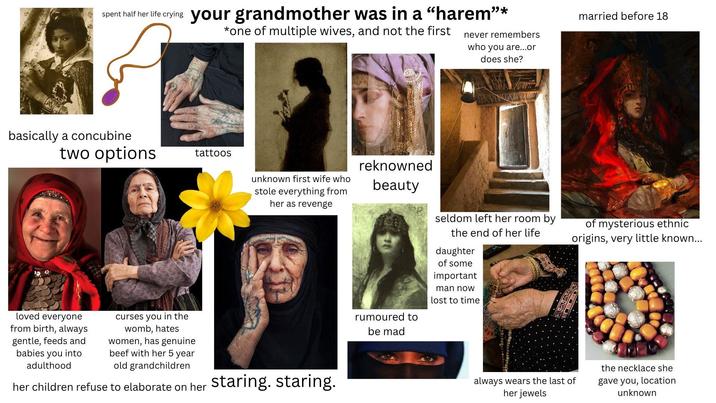 spent half her life crying your grandmother was in a "harem"* *one of multiple wives, and not the first never remembers who you are...or basically a concubine two options tattoos unknown first wife who stole everything from her as revenge reknowned beauty loved everyone from birth, always gentle, feeds and babies you into adulthood curses you in the womb, hates women, has genuine beef with her 5 year old grandchildren her children refuse to elaborate on her staring. staring. does she? married before 18 rumoured to seldom left her room by the end of her life daughter of some important man now lost to time of mysterious ethnic origins, very little known... be mad always wears the last of her jewels the necklace she gave you, location unknown