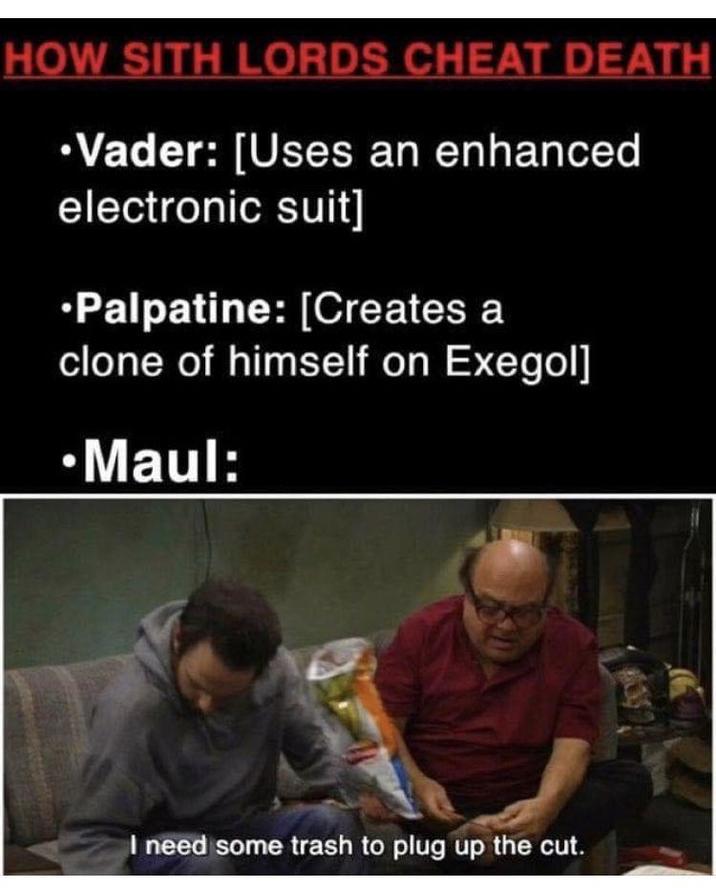 HOW SITH LORDS CHEAT DEATH •Vader: [Uses an enhanced electronic suit] •Palpatine: [Creates a clone of himself on Exegol] •Maul: I need some trash to plug up the cut.