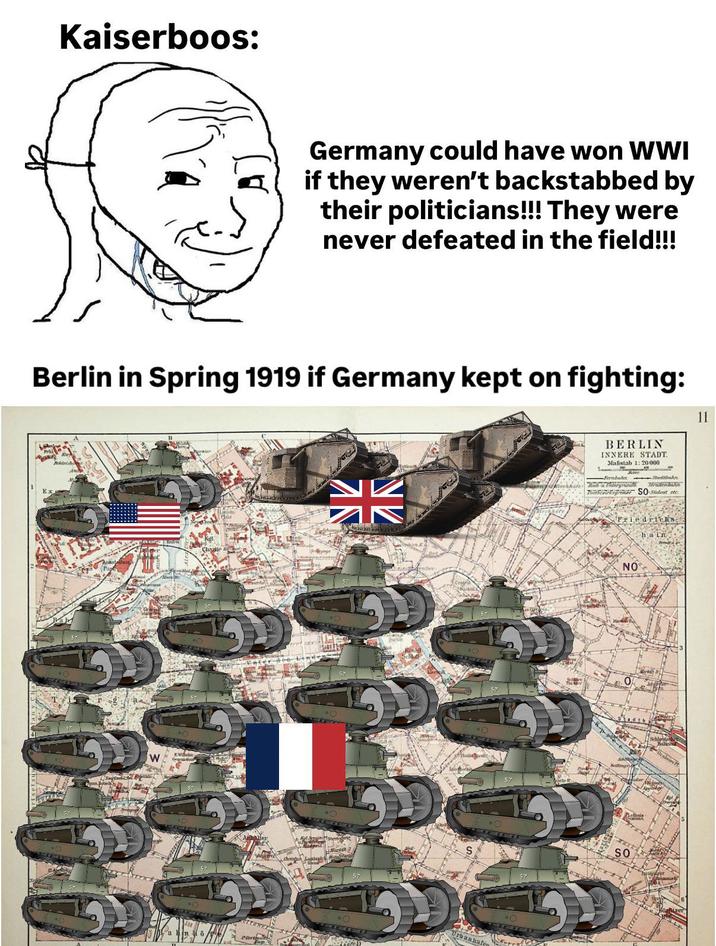Kaiserboos: Germany could have won WWI if they weren't backstabbed by their politicians!!! They were never defeated in the field!!! Berlin in Spring 1919 if Germany kept on fighting: 11 W K GO Stall Urbanhafe BERLIN INNERE STADT Mafistab 1: 20 000 -Fernbahn Stadtbahn With Chlorgrund Tubergrenze SO-Südost etc. Friedriel's hain NO • SO