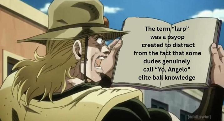 The term "larp" was a psyop created to distract from the fact that some dudes genuinely call "Yo, Angelo" elite ball knowledge [adult swim]