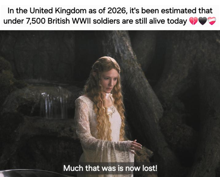 In the United Kingdom as of 2026, it's been estimated that under 7,500 British WWII soldiers are still alive today Much that was is now lost!