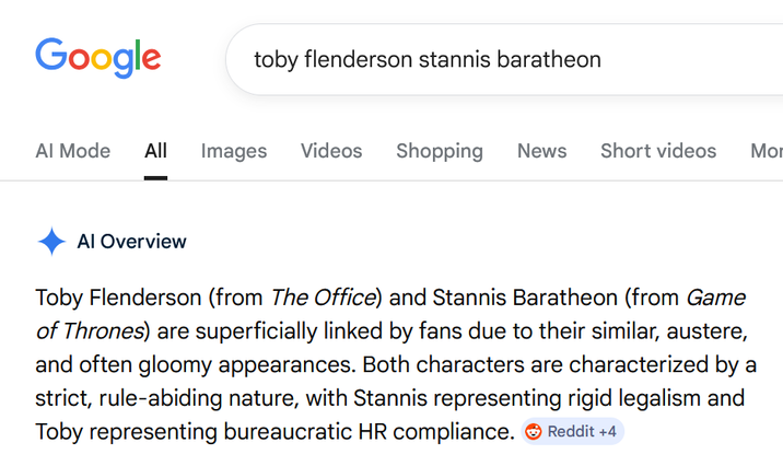 Google toby flenderson stannis baratheon Al Mode All Images Videos Shopping News Short videos Mor Al Overview Toby Flenderson (from The Office) and Stannis Baratheon (from Game of Thrones) are superficially linked by fans due to their similar, austere, and often gloomy appearances. Both characters are characterized by a strict, rule-abiding nature, with Stannis representing rigid legalism and Toby representing bureaucratic HR compliance. Reddit +4