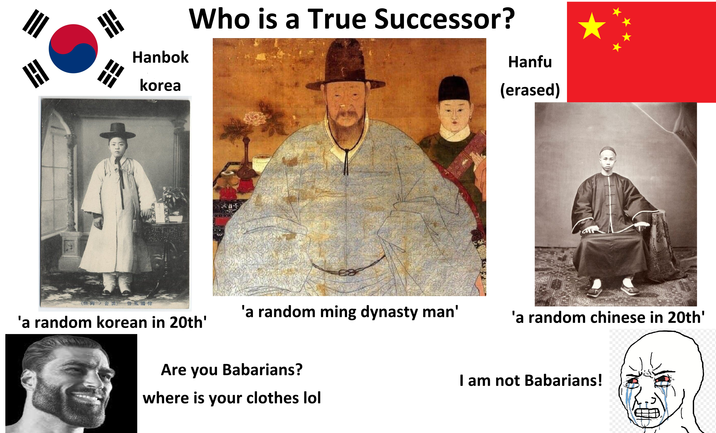 H Hanbok korea Who is a True Successor? Hanfu (erased) (班両金田)俗風國韓 'a random ming dynasty man' 'a random korean in 20th' 'a random chinese in 20th' Are you Babarians? where is your clothes lol I am not Babarians!