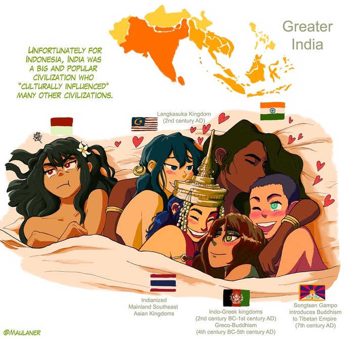 @MAULANER UNFORTUNATELY FOR INDONESIA, INDIA WAS A BIG AND POPULAR CIVILIZATION WHO "CULTURALLY INFLUENCED" MANY OTHER CIVILIZATIONS. Langkasuka Kingdom (2nd century AD) H Greater India Indianized Mainland Southeast Asian Kingdoms Indo-Greek kingdoms (2nd century BC-1st century AD) Greco-Buddhism (4th century BC-5th century AD) Songtsen Gampo introduces Buddhism to Tibetan Empire (7th century AD) B
