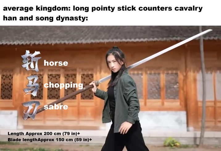 average kingdom: long pointy stick counters cavalry han and song dynasty: F horse chopping sabre Length Approx 200 cm (79 in)+ Blade lengthApprox 150 cm (59 in)+
