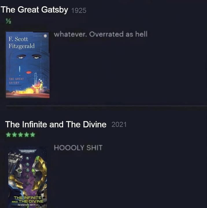 The Great Gatsby 1925 ½ F. Scott Fitzgerald THE GREAT GATSBY whatever. Overrated as hell The Infinite and The Divine 2021 WARHAMMER THE INFINITE AND THE DIVINE ROBERT RATH HOOOLY S---