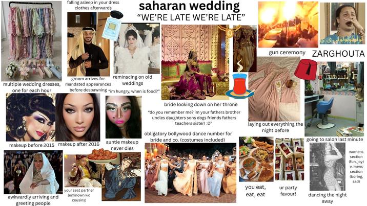 multiple wedding dresses, one for each hour falling asleep in your dress clothes afterwards saharan wedding "WE'RE LATE WE'RE LATE" reminscing on old weddings groom arrives for mandated appearances before despawning "im hungry, when is food?" bride looking down on her throne "do you remember me? im your fathers brother uncles daughters sons dogs friends fathers teachers sister! :D" obligatory bollywood dance number for bride and co. (costumes included) makeup before 2015 makeup after 2016 auntie makeup never dies awkwardly arriving and greeting people your seat partner (unknown kid cousins) لولولولولولی ی ی gun ceremony ZARGHOUTA laying out everything the night before going to salon last minute you eat, eat, eat ur party favour! dancing the night away womens section (fun, joy) v. mens section (boring, sad)
