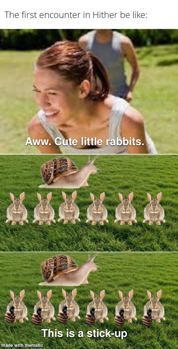 The first encounter in Hither be like: Aww. Cute little rabbits. 黃媽媽媽媽茶 This is a stick-up made with mematic