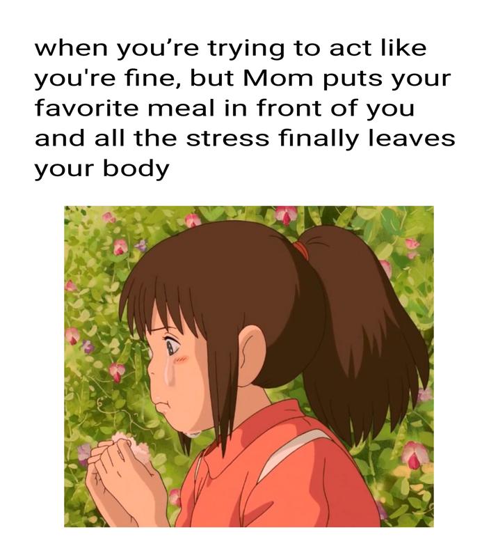 when you're trying to act like you're fine, but Mom puts your favorite meal in front of you and all the stress finally leaves your body