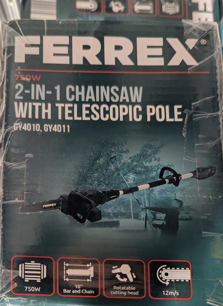 FE FERREX 750W 2-IN-1 CHAINSAW WITH TELESCOPIC POLE GY4010, GY4011 R FERREX FERREX 750W 10" Bar and Chain Rotatable cutting head 12m/s