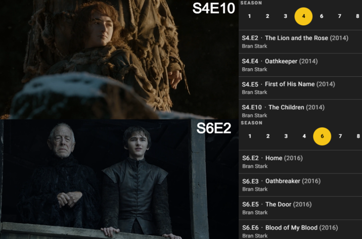 S4E10 SEASON 1 2 3 S6E2 S4.E2 The Lion and the Rose (2014) Bran Stark S4.E4. Oathkeeper (2014) Bran Stark S4.E5 - First of His Name (2014) Bran Stark S4.E10 · The Children (2014) Bran Stark SEASON 1 2 3 S6.E2. Home (2016) Bran Stark S6.E3 · Oathbreaker (2016) Bran Stark S6.E5. The Door (2016) Bran Stark S6.E6 Blood of My Blood (2016) Bran Stark