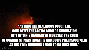 "AS BROTHER GENERICUS FOUGHT, HE COULD FEEL THE LACTIC BURN OF EXHAUSTION BITE INTO HIS GENHANCED MUSCLES, THE RUSH OF COMBAT STIMMS FROM HIS ARMOUR'S PHARMACOPOEIA AS HIS TWIN KOKOROS BEGAN TO GO DOKI-DOKI." imgflip.com