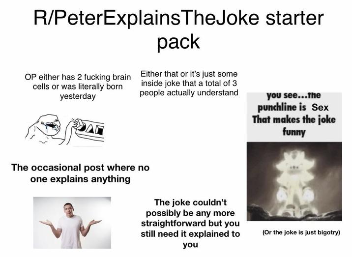 R/PeterExplains TheJoke starter OP either has 2 f------ brain cells or was literally born yesterday pack Either that or it's just some inside joke that a total of 3 people actually understand you see...The punchline is Sex That makes the joke funny The occasional post where no one explains anything The joke couldn't possibly be any more straightforward but you still need it explained to you (Or the joke is just bigotry)