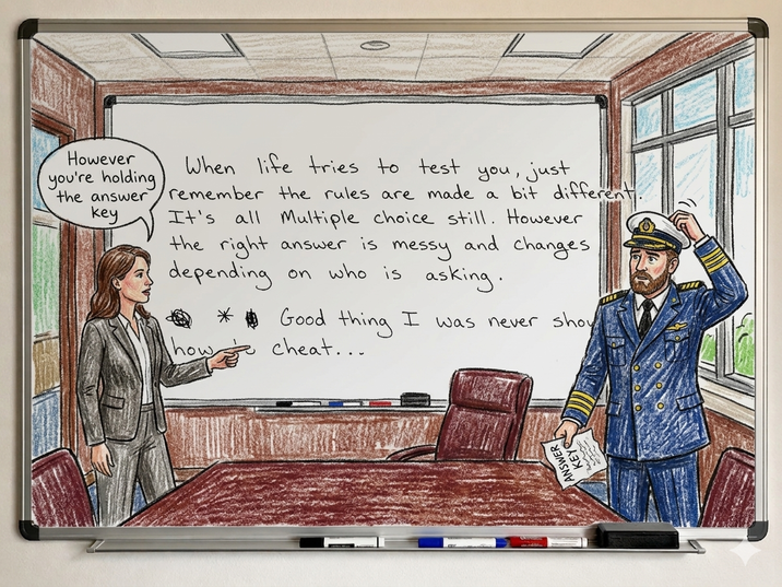 However you're holding key the answer When life tries to test you, just remember the rules are made a bit different. It's all Multiple choice still. However the right answer is messy and changes on who is asking. depending Good how thing cheat... I was never show ANSWER KEY