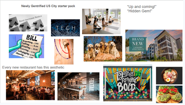 Newly Gentrified US City starter pack Rent Increase Notice "Up and coming!" "Hidden Gem!" address) BILL Breathing... 100 Talking5.00 Standing 10.00 Existing 2.00 Lollygagging-2.00 Chewing 1.00 TECH Every new restaurant has this aesthetic FOXTAIL BRAND NEW LUXURY APARTMENTS Together ForWord BOLD