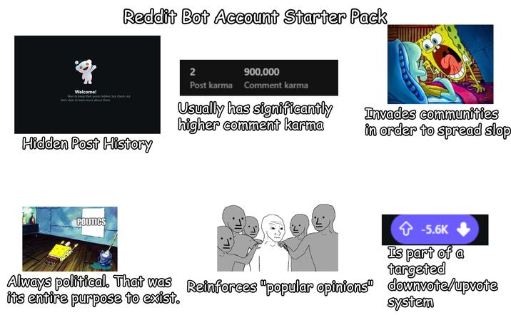 Reddit Bot Account Starter Pack Welcome! likes to keep their posts hidden, but check out their stats to learn more about them. Hidden Post History 2 900,000 Post karma Comment karma Usually has significantly higher comment karma Invades communities in order to spread slop S POLITICS IL. ✩ -5.6K Is part of a targeted system Always political. That was Reinforces "popular opinions" downvote/upvote its entire purpose to exist.