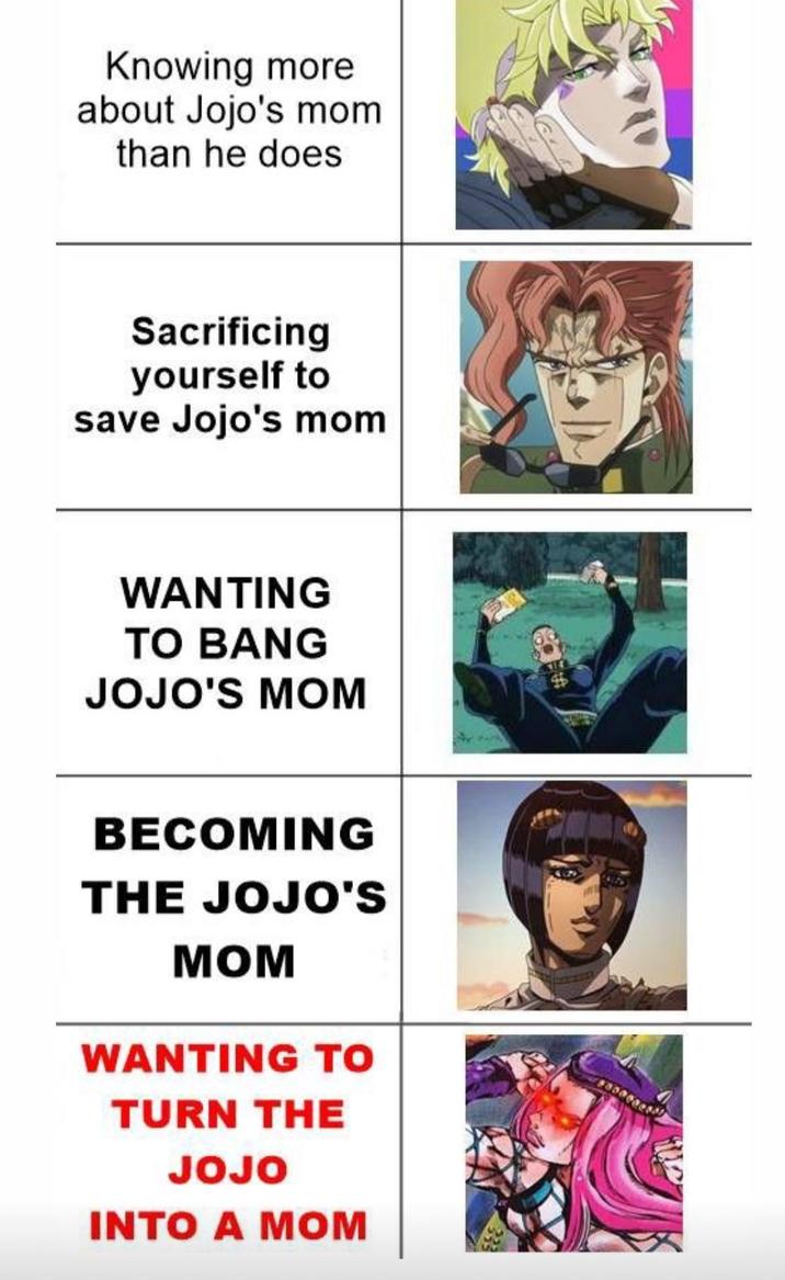 Knowing more about Jojo's mom than he does Sacrificing yourself to save Jojo's mom WANTING TO BANG JOJO'S MOM BECOMING THE JOJO'S MOM WANTING TO TURN THE JOJO INTO A MOM
