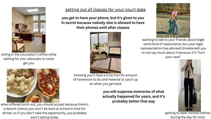 sitting in the counsellor's office while waiting for your advocate to come get you getting out of classes for your court date you get to have your phone, but it's given to you in secret because nobody else is allowed to have their phones until after classes wanting to talk to your friends about it/get some kind of reassurance, but your legal representation has advised (threatened) you to not say much about it because it'll "hurt your case" knowing you'll have a truly horrific amount of homework to do and material to catch up on when you get back you will suppress memories of what actually happened for years, and it's probably better that way when offered lunch out, you should accept because there's a decent chance you won't be back at school in time for dinner, so if you don't take the opportunity, you probably aren't eating today getting to wear normal clothes during the day for once