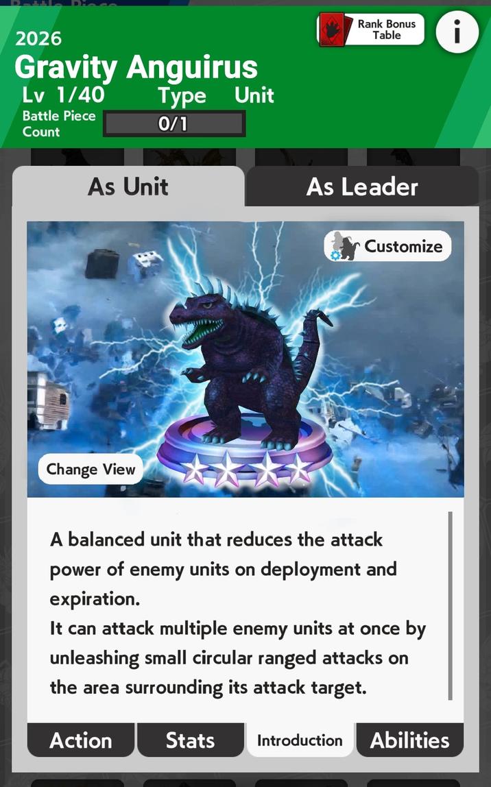 2026 Gravity Anguirus Type Unit Lv 1/40 Battle Piece 0/1 Count As Unit Change View Rank Bonus Table Ꭵ As Leader Customize A balanced unit that reduces the attack power of enemy units on deployment and expiration. It can attack multiple enemy units at once by unleashing small circular ranged attacks on the area surrounding its attack target. Action Stats Introduction Abilities
