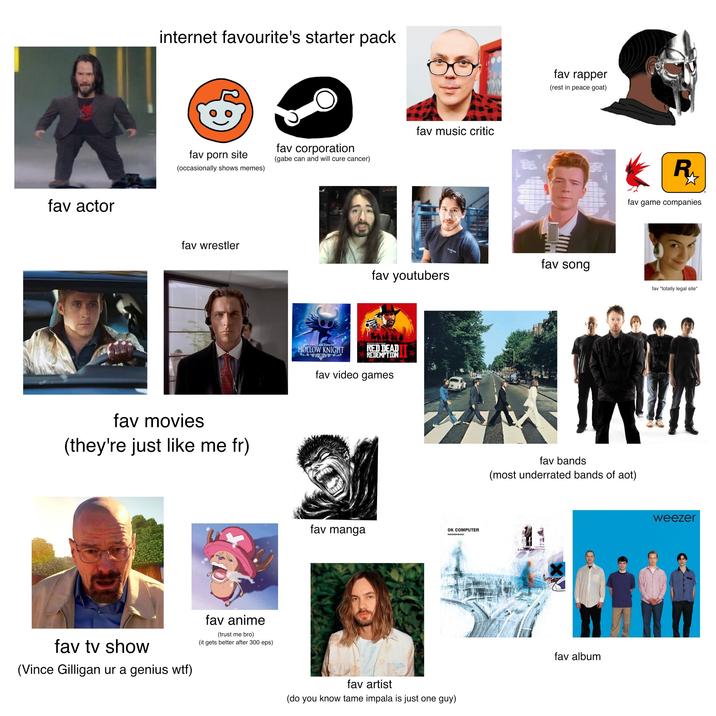 fav actor internet favourite's starter pack fav p--- site (occasionally shows memes) fav corporation (gabe can and will cure cancer) fav music critic fav wrestler fav youtubers fav movies (they're just like me fr) fav tv show (Vince Gilligan ur a genius w--) fav anime (trust me bro) (it gets better after 300 eps) HOLLOW KNIGHT ROCKSTAR GAMES RED DEAD REDEMPTION fav video games ILLUSIVE fav manga OK COMPUTER RADIOHEAD fav artist (do you know tame impala is just one guy) fav rapper (rest in peace goat) RU₁ fav game companies fav song fav "totally legal site" fav bands (most underrated bands of aot) Last Child Lost Cle fav album weezer