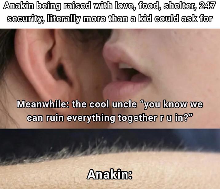 Anakin being raised with love, food, shelter, 247 security, literally more than a kid could ask for Meanwhile: the cool uncle "you know we can ruin everything together ru in?" Anakin: