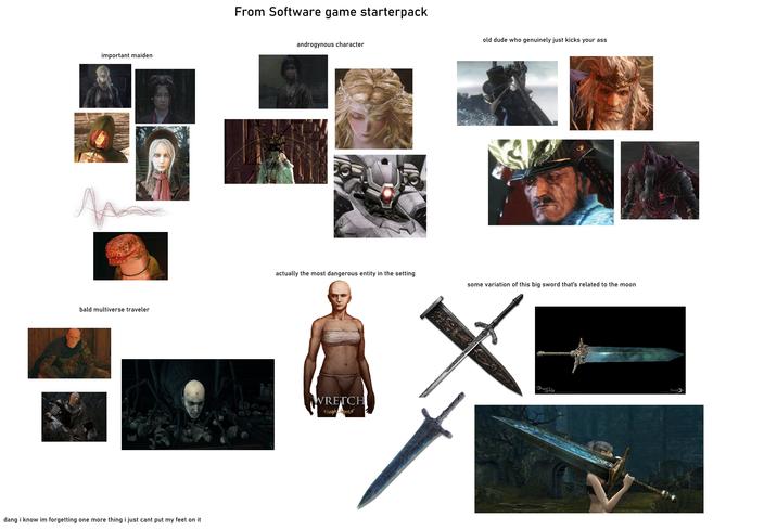 important maiden bald multiverse traveler dang i know im forgetting one more thing i just cant put my feet on it From Software game starterpack androgynous character old dude who genuinely just kicks your ass actually the most dangerous entity in the setting some variation of this big sword that's related to the moon Demo Souls Злі Пекеу WRETCH Bluep int