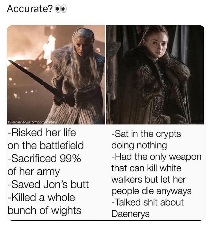 Accurate? ●● IG:@daenerysstormbornkhaleesi -Risked her life on the battlefield -Sacrificed 99% of her army -Saved Jon's butt -Killed a whole bunch of wights -Sat in the crypts doing nothing -Had the only weapon that can kill white walkers but let her people die anyways -Talked s--- about Daenerys