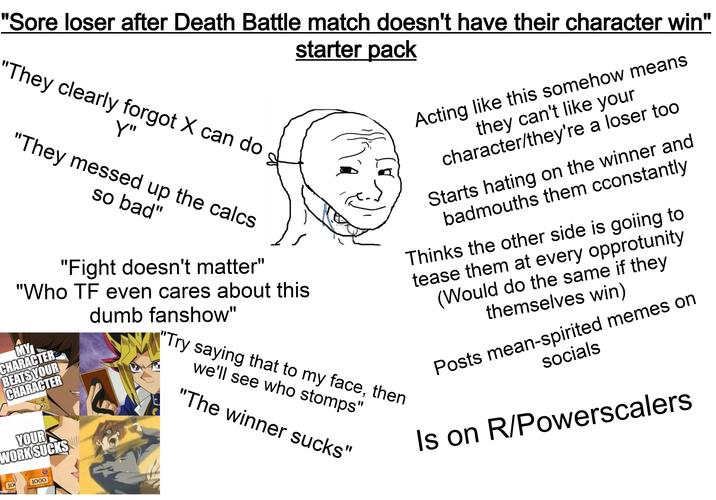 "Sore loser after Death Battle match doesn't have their character win" starter pack "They clearly forgot X can do Y" "They messed up the calcs so bad" "Fight doesn't matter" "Who TF even cares about this dumb fanshow" MY CHARACTER BEATS YOUR CHARACTER YOUR WORK SUCKS Acting like this somehow means they can't like your character/they're a loser too Starts hating on the winner and badmouths them cconstantly Thinks the other side is goiing to tease them at every opprotunity (Would do the same if they themselves win) "Try saying that to my face, then we'll see who stomps" "The winner sucks" socials Posts mean-spirited memes on Is on R/Powerscalers 10 mgflip.com 1000