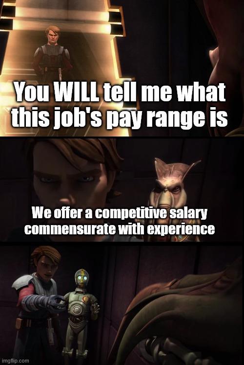 You WILL tell me what this job's pay range is imgflip.com We offer a competitive salary commensurate with experience