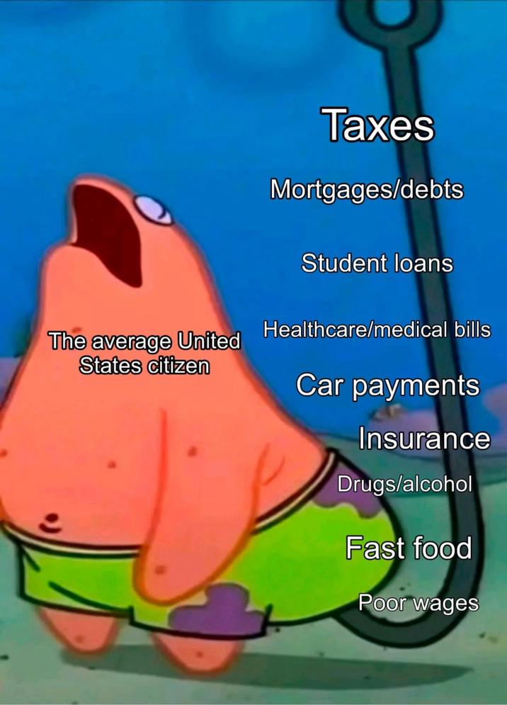 Taxes Mortgages/debts Student loans The average United States citizen Healthcare/medical bills Car payments Insurance Drugs/alcohol Fast food Poor wages