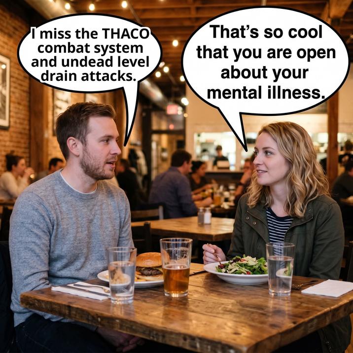 I miss the THACO combat system and undead level drain attacks. That's so cool that you are open about your mental illness.