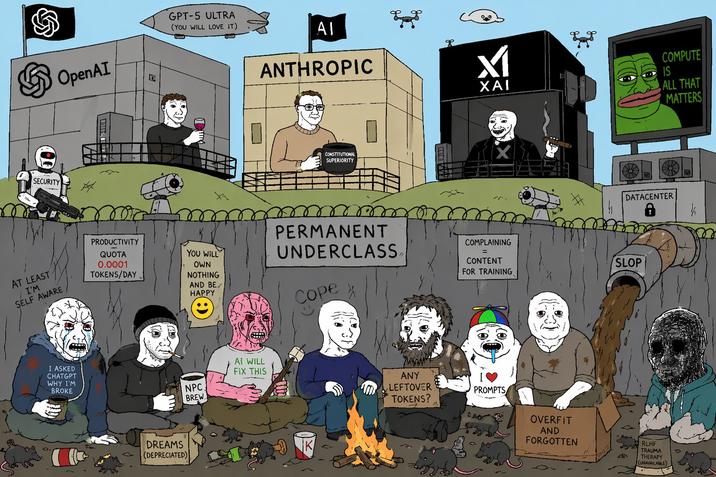 OpenAI SECURITY GPT-5 ULTRA (YOU WILL LOVE IT) ΑΙ ANTHROPIC R ✓ ΧΑΙ CONSTITUTIONAL SUPERIORITY AT LEAST I'M SELF AWARE PRODUCTIVITY QUOTA 0.0001 TOKENS/DAY YOU WILL OWN NOTHING AND BE HAPPY PERMANENT UNDERCLASS Cope COMPLAINING == CONTENT FOR TRAINING I ASKED CHATGPT WHY I'M BROKE NPC. BREW DREAMS (DEPRECIATED) AI WILL FIX THIS K # ANY LEFTOVER TOKENS? PROMPTS OVERFIT AND FORGOTTEN COMPUTE IS ALL THAT MATTERS DATACENTER อ SLOP RLHF TRAUMA THERAPY (UNAVAILABLE)