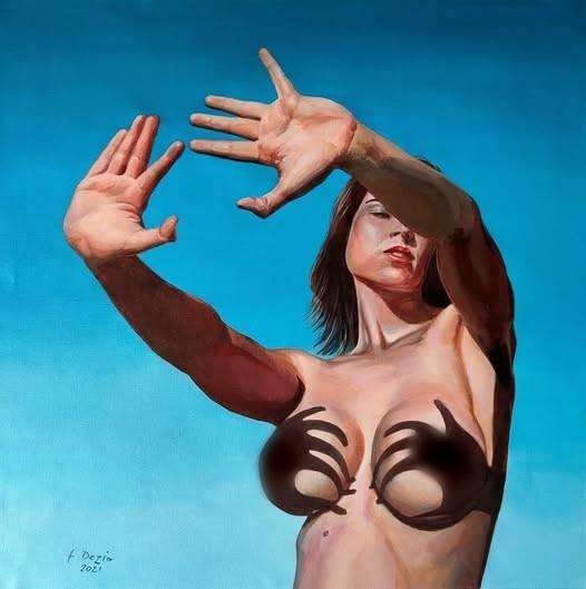 A painting by Francesco Dezio made in 2021. It shows a woman using shadows as her hand bra.