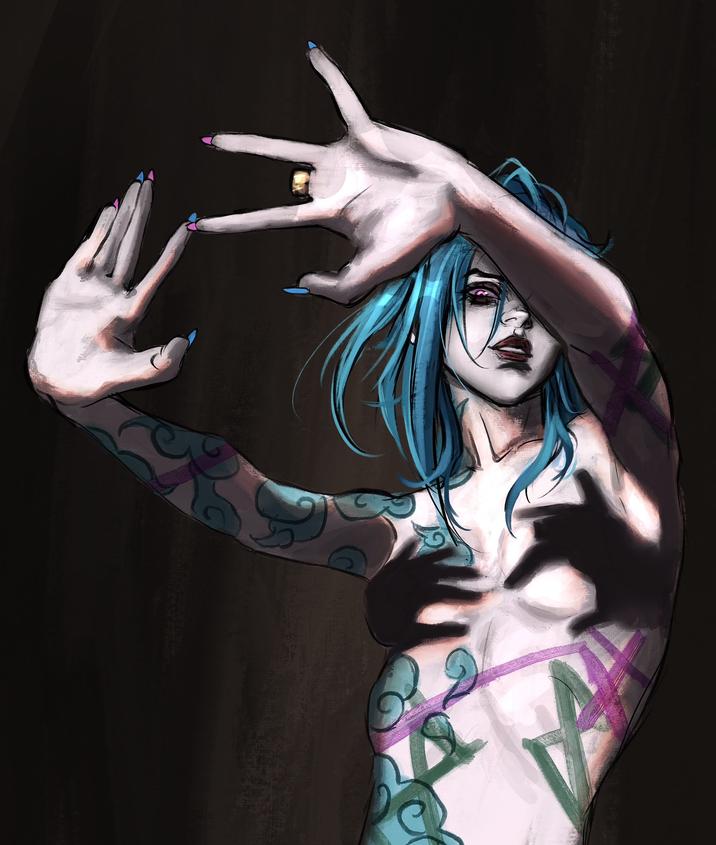 A redraw of the famous shadow hand bra art. It features Jinx from Arcane.