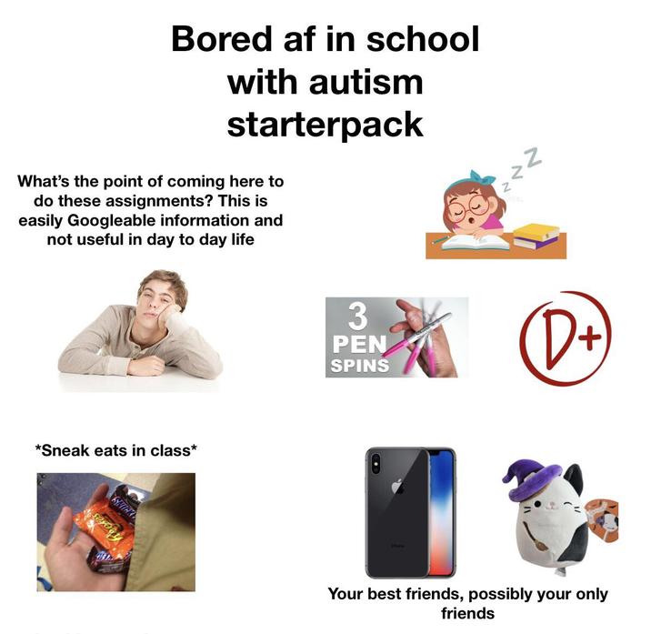 Bored af in school with autism starterpack What's the point of coming here to do these assignments? This is easily Googleable information and not useful in day to day life *Sneak eats in class* Reotes SHICK <ZZ 3 PEN SPINS (D+ Your best friends, possibly your only friends