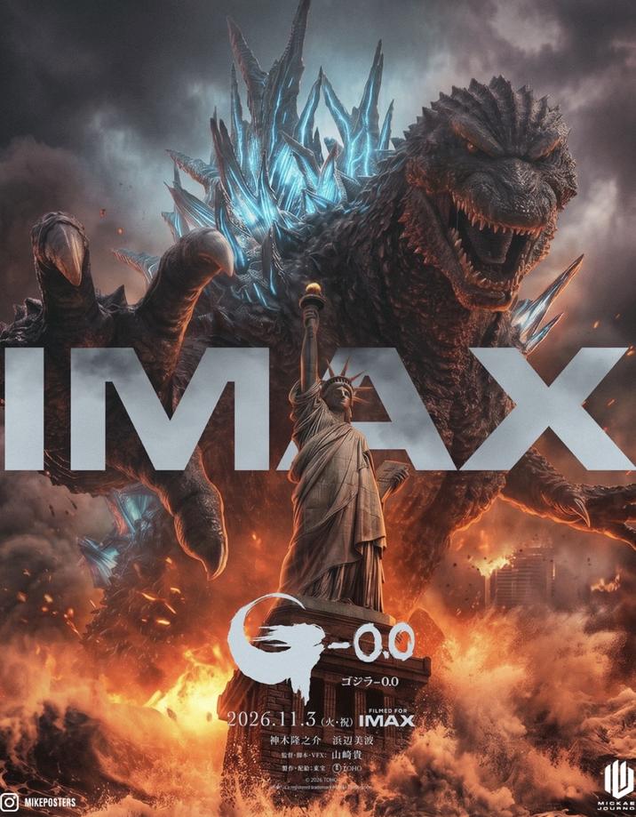 IMAX MIKEPOSTERS G -0.0 ゴジラ-0.0 FILMED FOR 2026.11.3 IMAX 神木隆之介 浜辺美波 監督·脚本·VFX:山崎貴 電製作、配給:東宝:①ioHo 2026 TOHO sa registered trademarke 100 MICKAE JOURNO