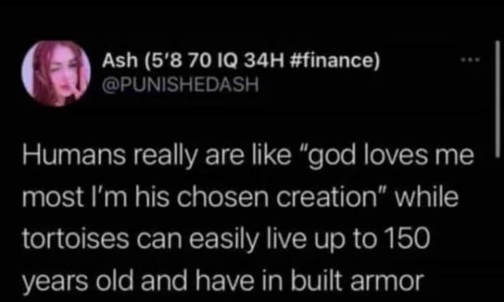 Ash (5'8 70 IQ 34H #finance) @PUNISHEDASH Humans really are like "god loves me most I'm his chosen creation" while tortoises can easily live up to 150 years old and have in built armor