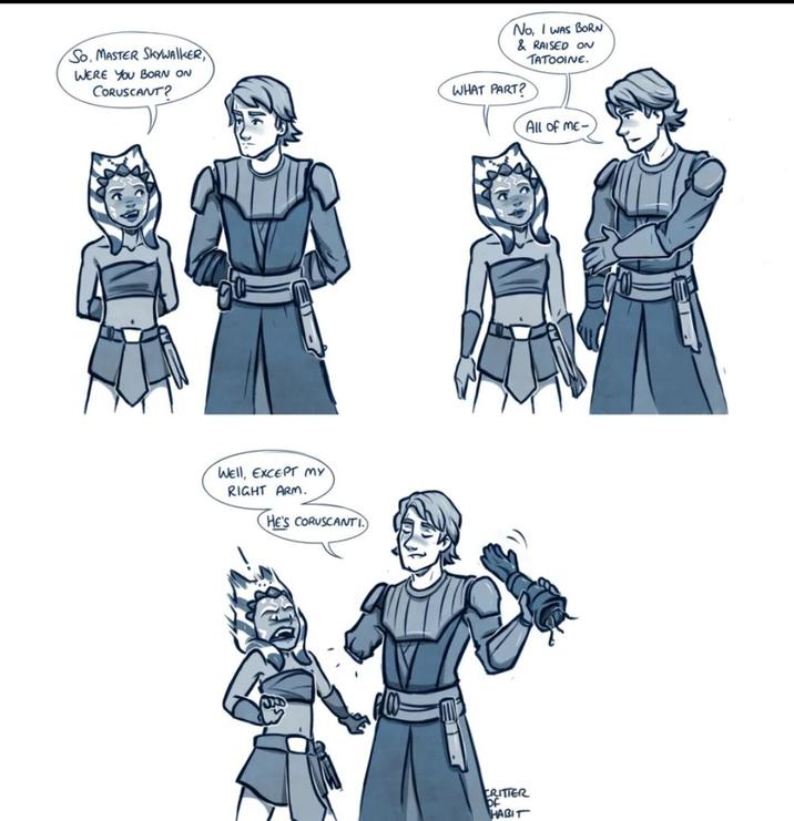 So, MASTER SKYWALKER, WERE YOU BORN ON CORUSCANT? No, I WAS BORN & RAISED ON TATOOINE. WHAT PART? All of ME- Well, EXCEPT MY RIGHT ARM. HE'S CORUSCANTI RITTER OF HABIT