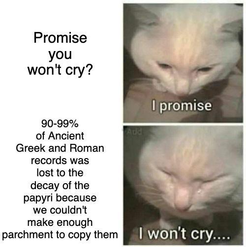 Promise you won't cry? 90-99% of Ancient Greek and Roman records was lost to the decay of the papyri because we couldn't make enough parchment to copy them I promise Add I won't cry....