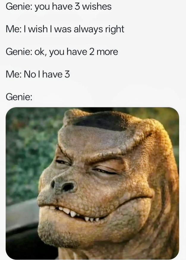 Genie: you have 3 wishes Me: I wish I was always right Genie: ok, you have 2 more Me: No I have 3 Genie: