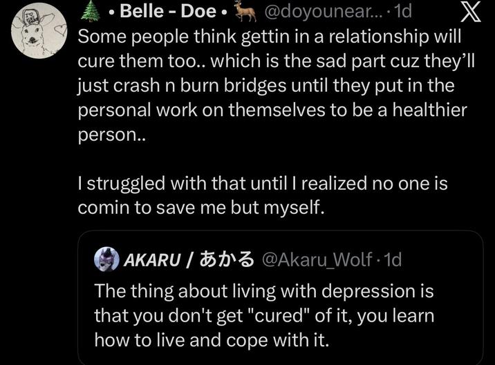 1 • Belle - Doe⚫@doyounear.... 1d X Some people think gettin in a relationship will cure them too.. which is the sad part cuz they'll just crash n burn bridges until they put in the personal work on themselves to be a healthier person.. I struggled with that until I realized no one is comin to save me but myself. AKARU/3 @Akaru Wolf . 1d The thing about living with depression is that you don't get "cured" of it, you learn how to live and cope with it.